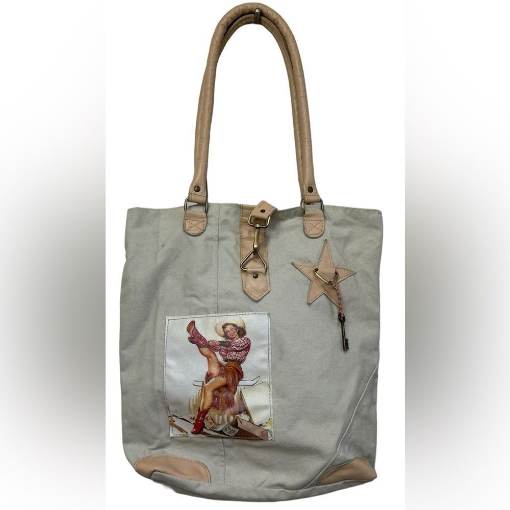 NEW VINTAGE Addiction Western Cowgirl Recycled Canvas Leather Beige Tote Bag